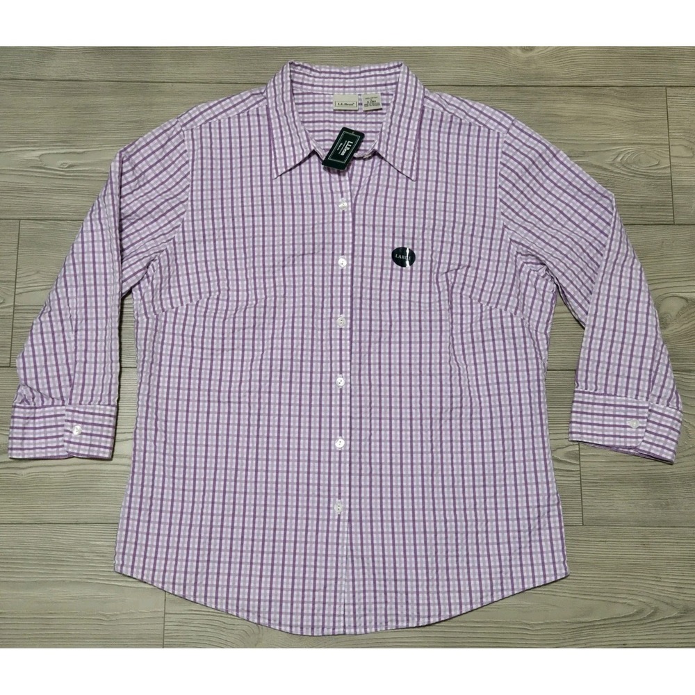 LL Bean Plaid Stripes Shirt Womens Size Large Purple White NWT Top